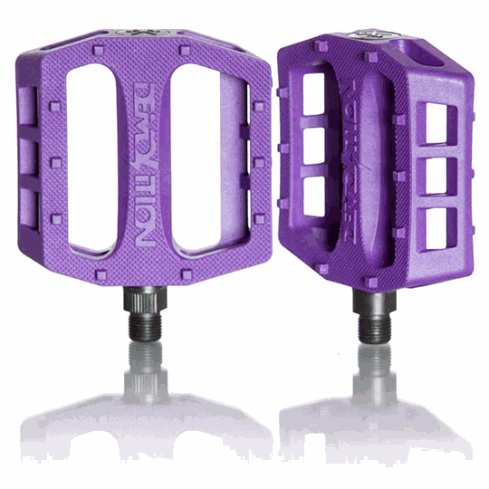 Purple Demolition Pedals Trooper PC with nylon plastic body and 10 molded pins for grip, heat-treated CRMO spindle, unsealed bearings, and horizontal concave design.
