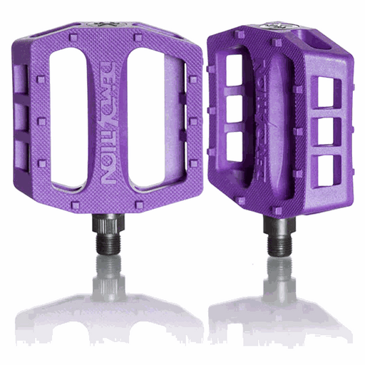 Purple Demolition Pedals Trooper PC with nylon plastic body and 10 molded pins for grip, heat-treated CRMO spindle, unsealed bearings, and horizontal concave design.