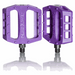 Purple Demolition Pedals Trooper PC with nylon plastic body and 10 molded pins for grip, heat-treated CRMO spindle, unsealed bearings, and horizontal concave design.