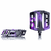 DEMOLITION PEDALS Trooper PC nylon plastic bike pedals with 10 molded pins and heat-treated CRMO spindle in black and purple design