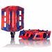 Red and blue Demolition Pedals Trooper PC with nylon plastic body and 10 molded pins for grip.