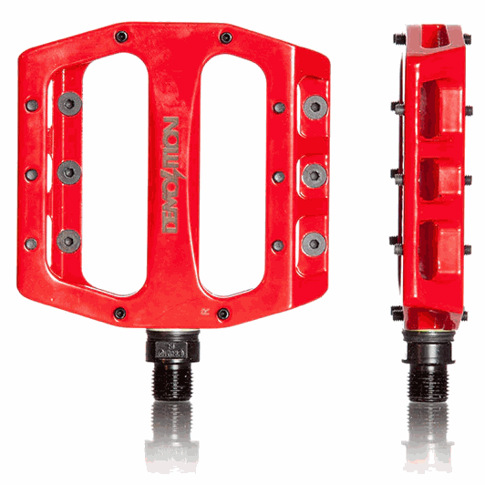 Red DEMOLITION PEDALS Trooper Alloy CNC bike pedals with 6061 T6 aluminum concave platform and removable pins
