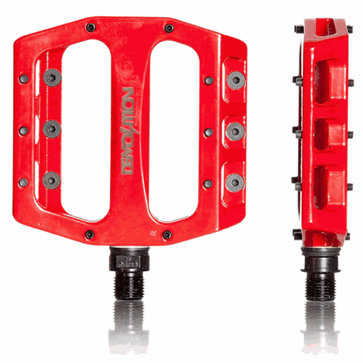 Red DEMOLITION PEDALS Trooper Alloy CNC bike pedals with 6061 T6 aluminum concave platform and removable pins