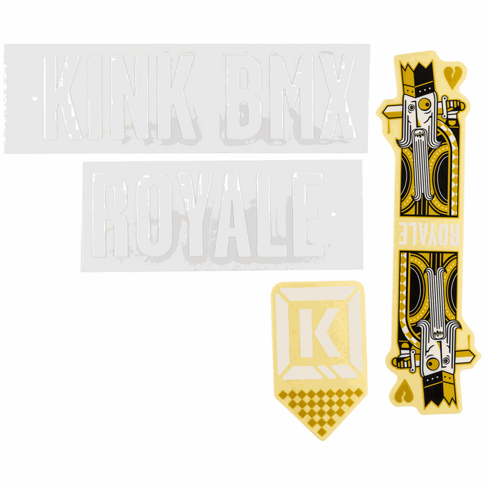 KINK Royal Decal Set with durable white and gold BMX and royale-themed stickers for bike customization