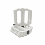 White Demolition Pedals Trooper PC with nylon plastic body, 10 molded pins, and heat-treated CRMO spindle, designed for grip and durability.