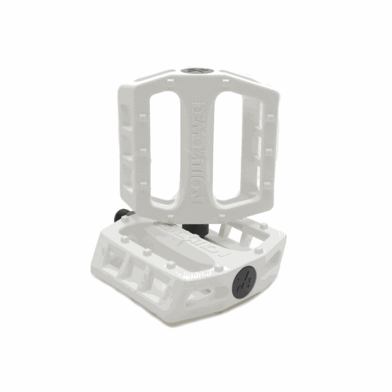 White Demolition Pedals Trooper PC with nylon plastic body, 10 molded pins, and heat-treated CRMO spindle, designed for grip and durability.