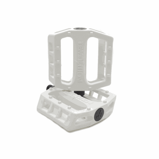 White Demolition Pedals Trooper PC with nylon plastic body, 10 molded pins, and heat-treated CRMO spindle, designed for grip and durability.