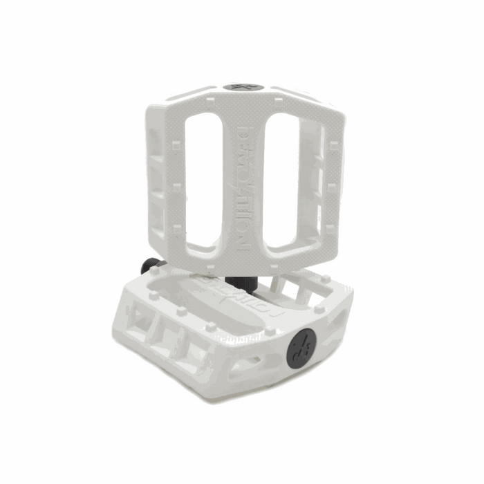 White Demolition Pedals Trooper PC with nylon plastic body, 10 molded pins, and heat-treated CRMO spindle, designed for grip and durability.