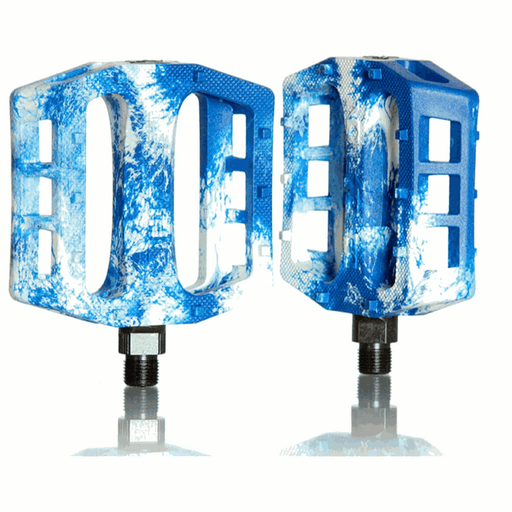 Blue and white Demolition Pedals Trooper PC with nylon plastic body and 10 molded pins for grip