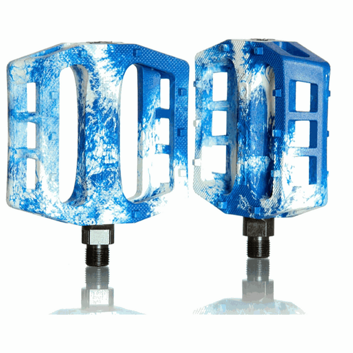 Blue and white Demolition Pedals Trooper PC with nylon plastic body and 10 molded pins for grip