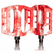 Red and white DEMOLITION PEDALS Trooper PC with nylon plastic body and heat treated CRMO spindle designed for grip and durability.