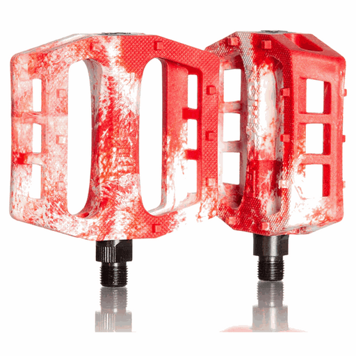 Red and white DEMOLITION PEDALS Trooper PC with nylon plastic body and heat treated CRMO spindle designed for grip and durability.