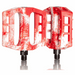 Red and white DEMOLITION PEDALS Trooper PC with nylon plastic body and heat treated CRMO spindle designed for grip and durability.