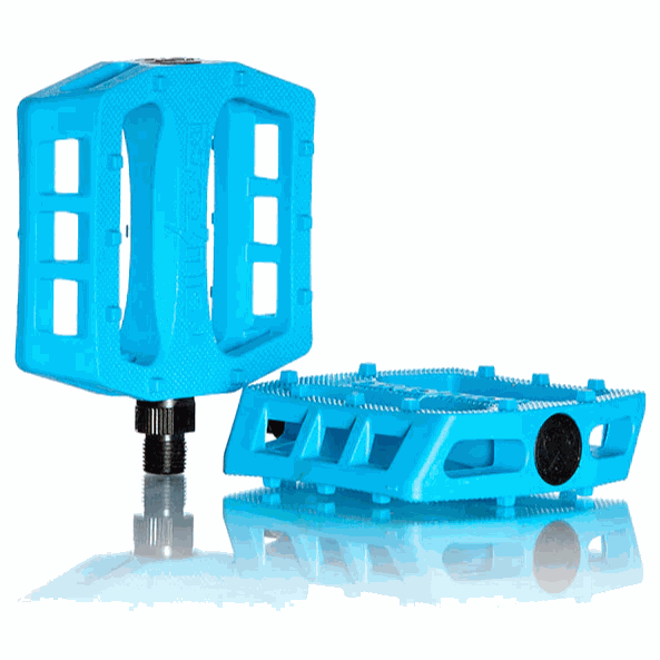 Blue DEMOLITION PEDALS Trooper PC with nylon plastic body, 10 molded pins, and heat-treated CRMO spindle for BMX bikes