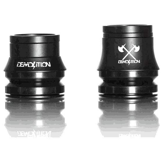 Black Demolition Headset V2 with sealed cartridge bearings, integrated style, and alloy cap options in 10mm, 15mm, and 23mm heights.