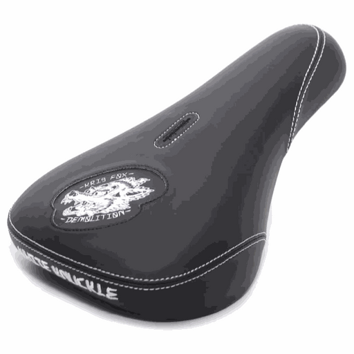 Kris Fox Signature Seat demolition pivotal bike seat with black leatherette and white contrast stitching