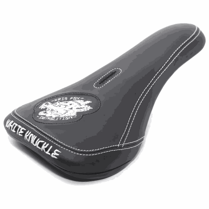Kris Fox Signature Seat black leatherette pivotal bike seat with white knuckle stitching and embroidered Fox logo