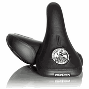 DEMOLITION FAST&LOOSE V2 pivotal bike seat with black leatherette and white stitching featuring Jason Watts signature skeleton logo and slim padding option.