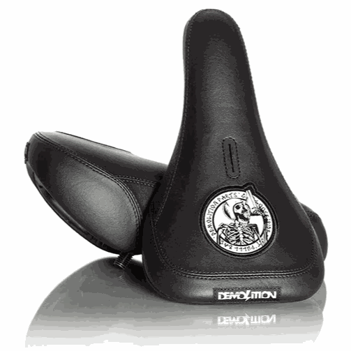 DEMOLITION FAST&LOOSE V2 pivotal bike seat with black leatherette and white stitching featuring Jason Watts signature skeleton logo and slim padding option.