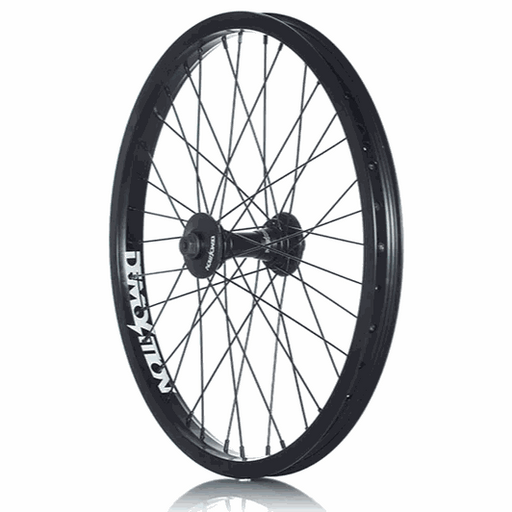 DEMOLITION PRO PLUS FRONT-WHEEL BMX front wheel with black rim, female axle, and plastic hub guards for durability and performance.