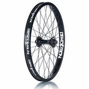 Demolition Whistler front wheel with black double-walled rim, Whistler Pro hub, 36H black stainless steel spokes, and hub guards.