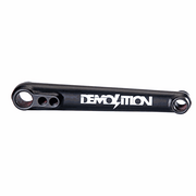 Black Demolition Revolt crank arm with white logo, heat-treated chromoly construction, 48 spline, hollow 19mm spindle compatible with RHD/LHD bikes.