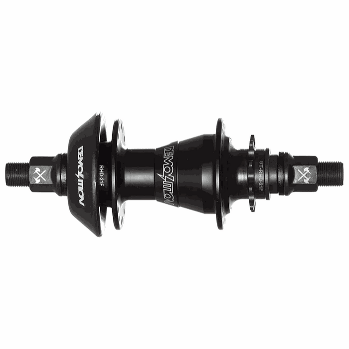 Black Demolition Whistler Lite cassette hub with 14mm axle, 36H, 9t driver, and hub guards, available in RHD and LHD.