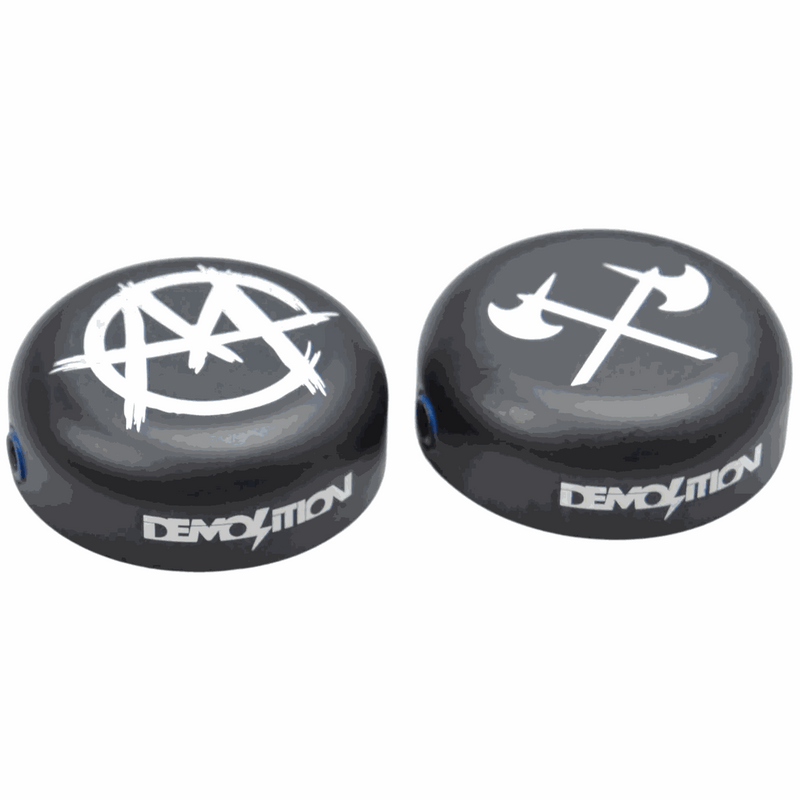 DEMOLITION BAR CAPS alloy bar ends with white logos and three Allen screws for secure fit