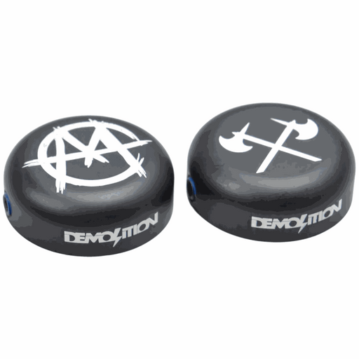 DEMOLITION BAR CAPS alloy bar ends with white logos and three Allen screws for secure fit