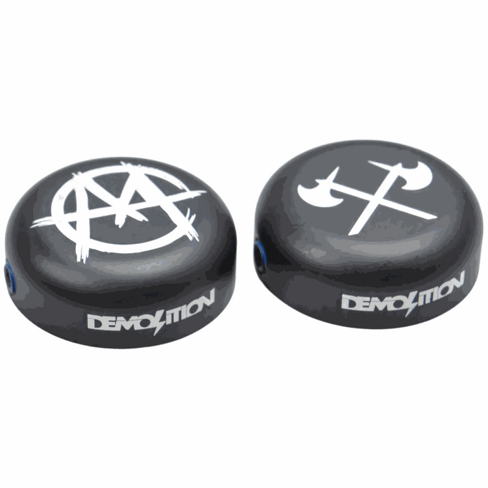 DEMOLITION BAR CAPS alloy bar ends with white logos and three Allen screws for secure fit