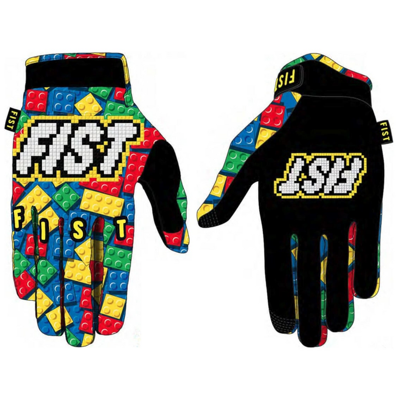 Colorful FIST BUILT KIDS GLOVES with flexible, breathable spandex and touchscreen fingertips for active children.