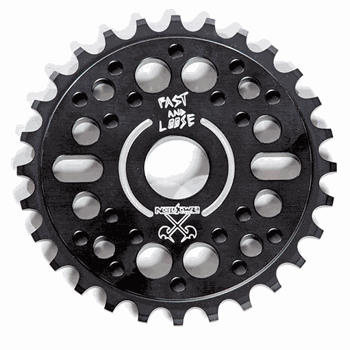 Demolition x Fast & Loose limited edition black CNC aluminum BMX sprocket with center aligned teeth and multiple mounting holes.
