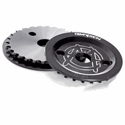 Black Demolition Sprocket Guard Markit V2 made of 3D CNC 7075 aluminum with 24mm bore and crank bolt holes for durable sprocket protection