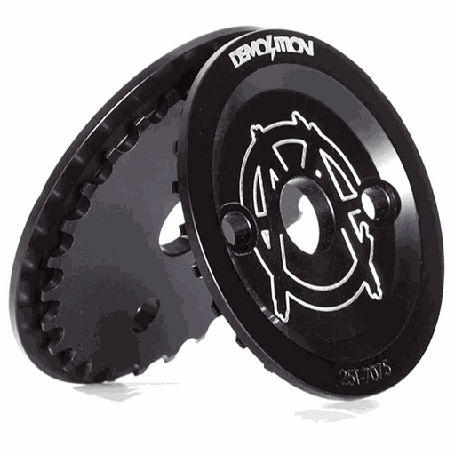 Black Demolition Sprocket Guard Markit V2 made from 3D CNC 7075 aluminum with 24mm bore and crank bolt holes for durable sprocket protection