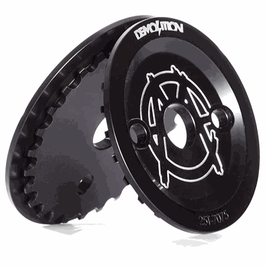 Black Demolition Sprocket Guard Markit V2 made from 3D CNC 7075 aluminum with 24mm bore and crank bolt holes for durable sprocket protection