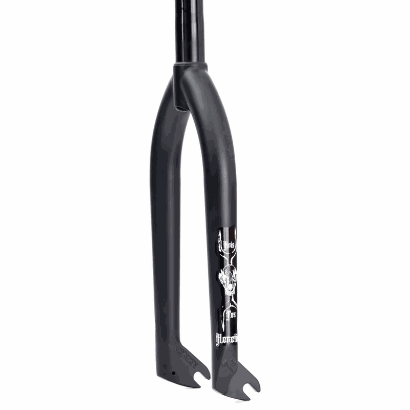Black Kris Fox Signature Heretics Fork made from 100% heat-treated CR-MO tubing with tapered legs and 6mm thick casted dropouts, designed for 2.4+ tires.