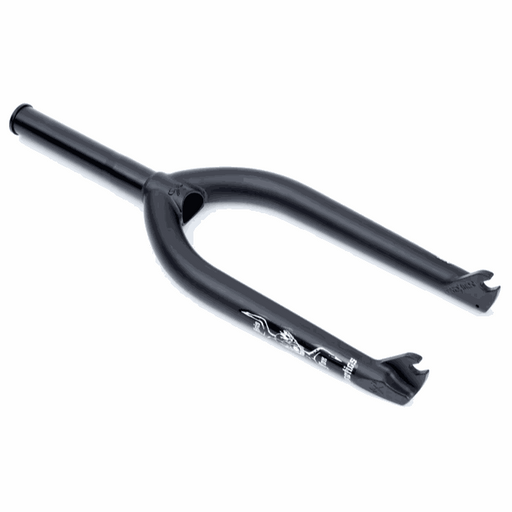 Black Kris Fox Signature Heretics BMX fork made from 100% heat-treated CR-MO tubing with tapered legs and investment casted dropouts, designed to fit 2.4+ tires.
