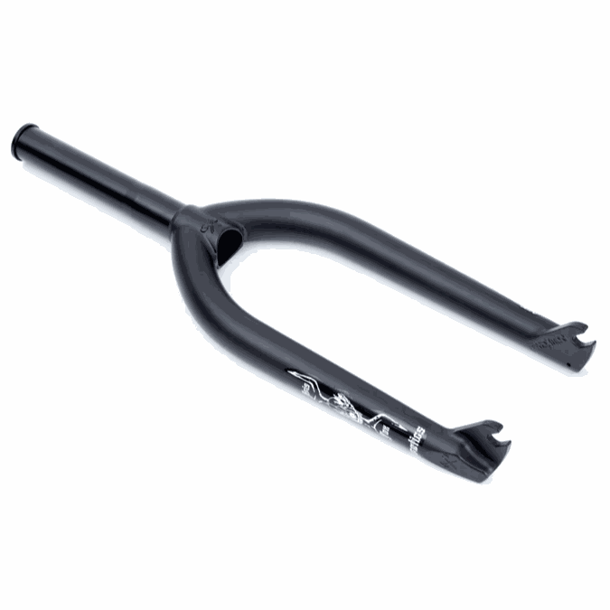 Black Kris Fox Signature Heretics BMX fork made from 100% heat-treated CR-MO tubing with tapered legs and investment casted dropouts, designed to fit 2.4+ tires.
