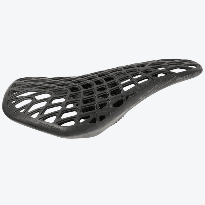 Tioga D-SPYDER EVO lightweight black pivotal BMX racing saddle with open lattice design and carbonite construction