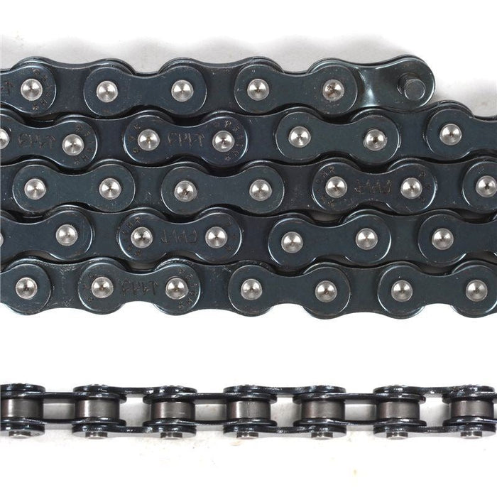 Close-up of CULT 510 CHAIN with Teflon coating, stamped logos, and heat-treated riveted pins for durability