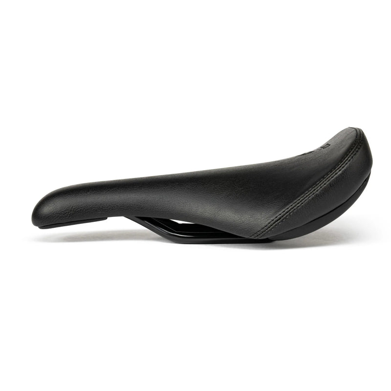 ÉCLAT EXILE RAILED SEAT in black with durable slim design and faux-leather finish, featuring ergonomic contoured foam and 8mm hollow crmo rails.