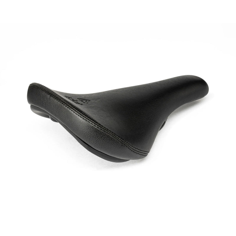 Slim black ÉCLAT EXILE Railed Seat with faux-leather finish, hollow crmo rails, and ergonomic foam shape.