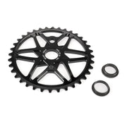 ÉCLAT EXILE CHAINRING, black sprocket with multi-spoke design, crafted from 7075-T6 alloy, includes spindle adaptors.