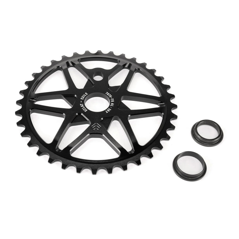 ÉCLAT EXILE CHAINRING, black sprocket with multi-spoke design, crafted from 7075-T6 alloy, includes spindle adaptors.