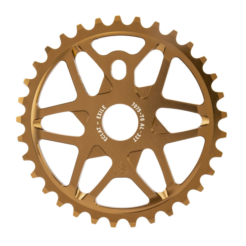 ÉCLAT EXILE CHAINRING gold sprocket with unique multi-spoke design, crafted from 7075-T6 alloy.