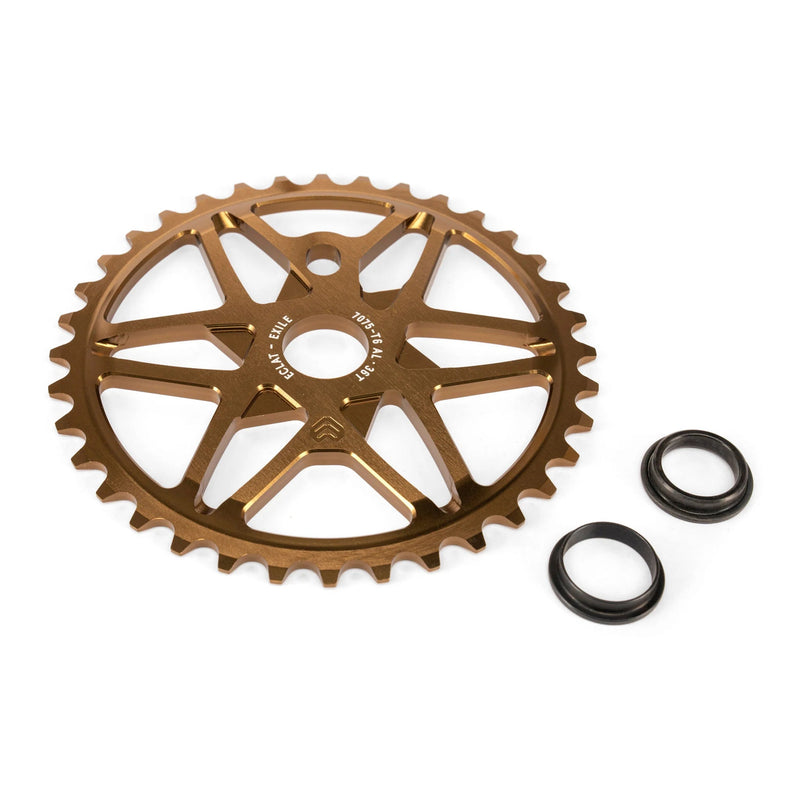 ÉCLAT EXILE CHAINRING with multi-spoke design, made from 7075-T6 alloy, includes adaptors for various spindle sizes.