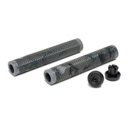 Pair of black and grey ÉCLAT SHOGUN GRIP flangeless bike grips with ribbed texture and matching Techbolt barends