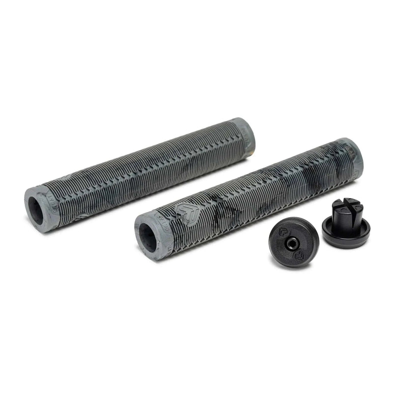 Pair of black and grey ÉCLAT SHOGUN GRIP flangeless bike grips with ribbed texture and matching Techbolt barends