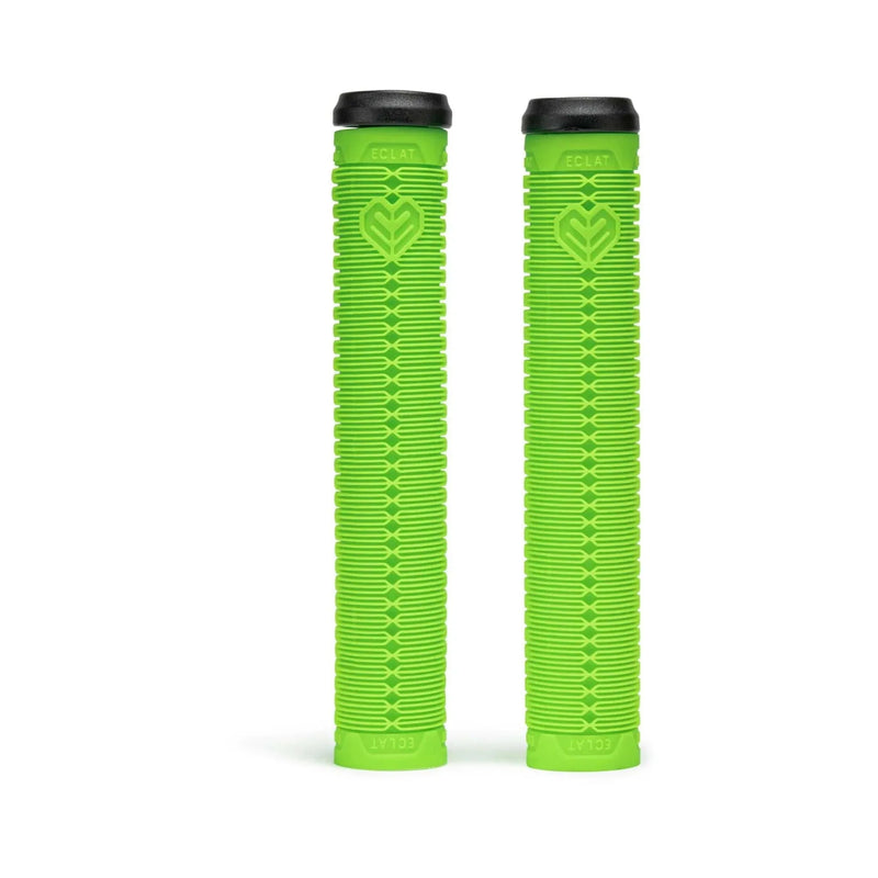 Pair of bright green ÉCLAT SHOGUN GRIP bicycle handlebar grips with flangeless design and ribbed texture.