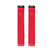 Pair of red ÉCLAT SHOGUN GRIP flangeless bike grips with ribbed texture and black Techbolt barends